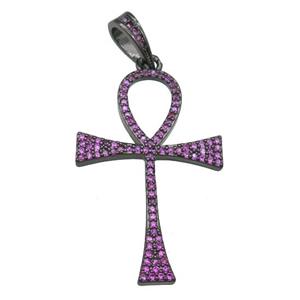 Copper Ankh Cross Pendant Pave Fuchsia Zircon Black Plated, approx 22-36mm