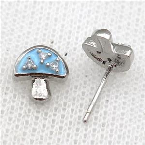 copper mushroom Stud Earring with blue Enameled, platinum plated, approx 9mm