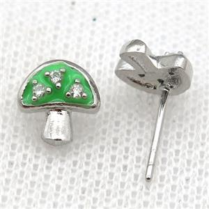 copper mushroom Stud Earring with green Enameled, platinum plated, approx 9mm