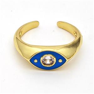 Copper Eye Ring Pave Zirconia Blue Enamel Gold Plated, approx 8mm, 18mm dia