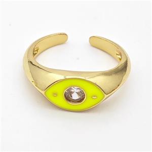 Copper Eye Ring Pave Zirconia Yellow Enamel Gold Plated, approx 8mm, 18mm dia