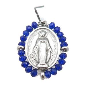 stainless steel Jesus pendant with blue crystal glass, approx 23-30mm