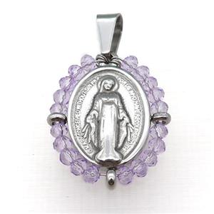 stainless steel Jesus pendant with lavender crystal glass, approx 23-30mm