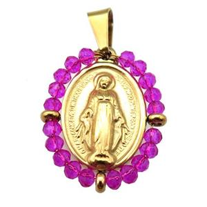 stainless steel Jesus pendant with hotpink crystal glass wrapped, gold plated, approx 23-30mm