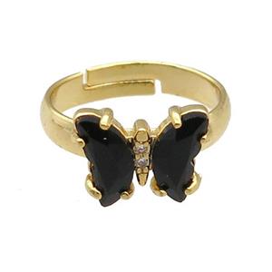 black Crystal Glass Butterfly Rings, gold plated, approx 8-10mm, 14mm