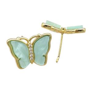 green Resin Butterfly Stud Earrings, gold plated, approx 13-18mm