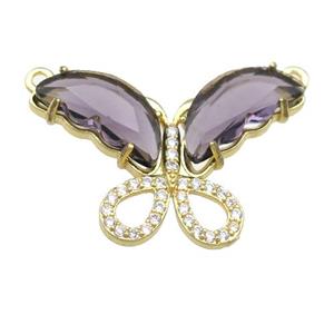 purple Crystal Glass Butterfly Pendant with 2loops, gold plated, approx 20-30mm