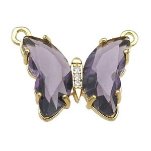 purple Crystal Glass Butterfly Pendant with 2loops, gold plated, approx 15-18mm