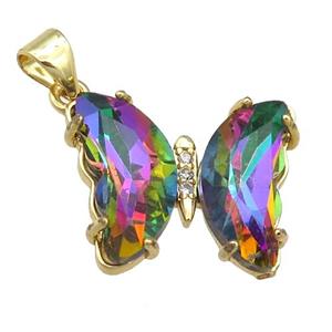 rainbow Crystal Glass Butterfly Pendant, gold plated, approx 15-18mm