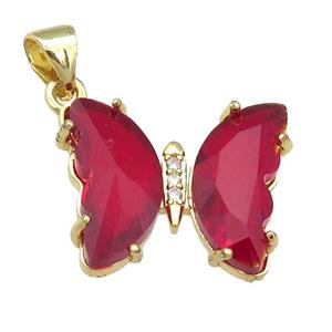 red Crystal Glass Butterfly Pendant, gold plated, approx 15-18mm