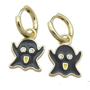 copper Hoop Earrings with black Enamel Halloween Ghost, gold plated, approx 13mm