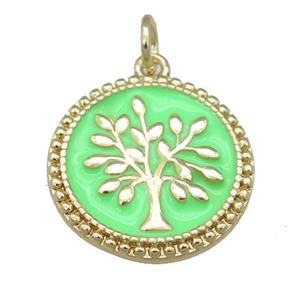 copper circle pendant with green enamel, tree, gold plated, approx 17mm