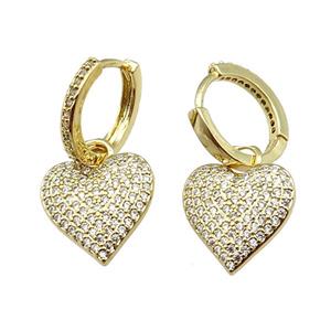 copper Hoop Earrings pave zircon, heart, gold plated, approx 14.5mm, 14mm dia