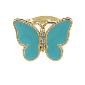 copper butterfly Rings with teal enamel, adjustable, gold plated, approx 16-20mm, 17mm dia