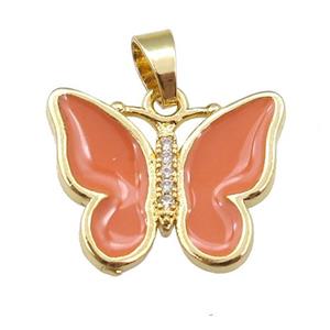 copper butterfly pendant with orange enamel, gold plated, approx 16-20mm