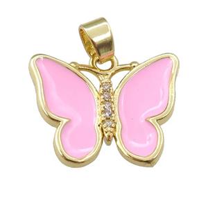 copper butterfly pendant with pink enamel, gold plated, approx 16-20mm