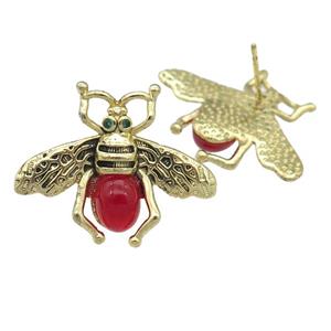 copper honeybee Stud Earring with red cats eye stone, antique gold, approx 21-26mm