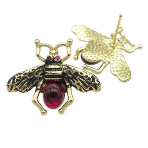 copper honeybee Stud Earring with red cats eye stone, antique gold, approx 21-26mm