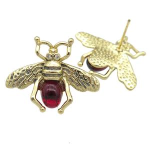 copper honeybee Stud Earring with red cats eye stone, antique gold, approx 21-26mm