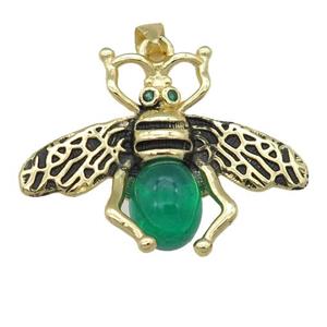 copper honeybee Pendant with green cats eye stone, antique gold, approx 26-32mm