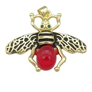 copper honeybee Pendant with red cats eye stone, antique gold, approx 26-32mm