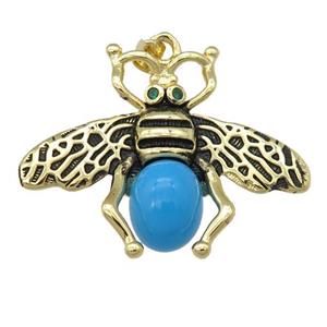 copper honeybee Pendant with turqblue cats eye stone, antique gold, approx 26-32mm