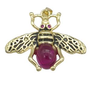 copper honeybee Pendant with red cats eye stone, antique gold, approx 26-32mm