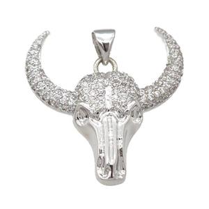 copper bullHead pendant pave zircon, platinum plated, approx 24-27mm