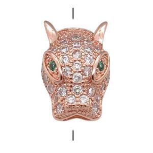 copper LeopardHead beads pave zircon, rose gold, approx 10-15mm, 3mm hole