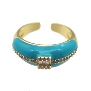 copper Ring pave zircon with teal enamel, gold plated, approx 8mm, 18mm dia