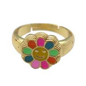 copper Ring with enamel daisy, adjustable, gold plated, approx 14mm, 18mm dia