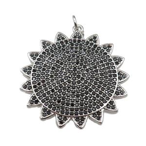 copper sunflower pendant paved zircon, platinum plated, approx 30mm