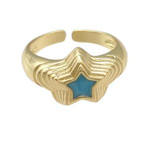 copper star Ring with teal enamel, gold plated, approx 11mm, 18mm dia