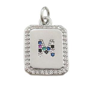 copper Letter-M pendant paved zircon, rectangle, platinum plated, approx 12-15mm