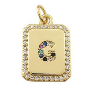 copper Letter-G pendant paved zircon, rectangle, gold plated, approx 12-15mm