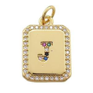 copper Letter-J pendant paved zircon, rectangle, gold plated, approx 12-15mm