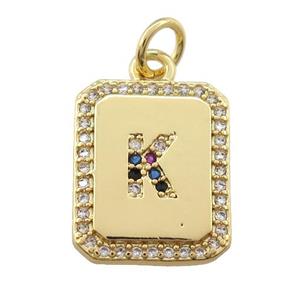 copper Letter-K pendant paved zircon, rectangle, gold plated, approx 12-15mm