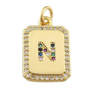 copper Letter-N pendant paved zircon, rectangle, gold plated, approx 12-15mm