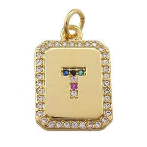 copper Letter-T pendant paved zircon, rectangle, gold plated, approx 12-15mm