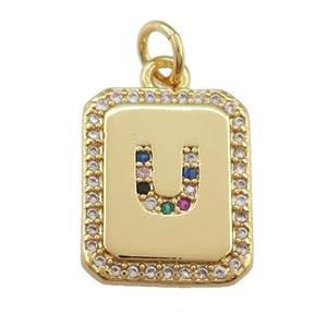 copper Letter-U pendant paved zircon, rectangle, gold plated, approx 12-15mm