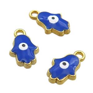 copper Hamsahand pendant with royalblue enamel, evil eye, gold plated, approx 8-10mm