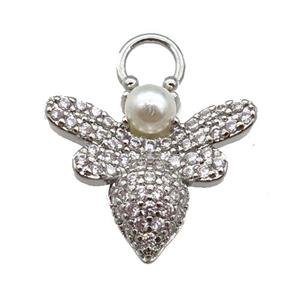 copper Honeybee pendant paved zircon, platinum plated, approx 16-19mm