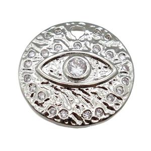 copper Eye charm pendant paved zircon, circle, platinum plated, approx 18mm