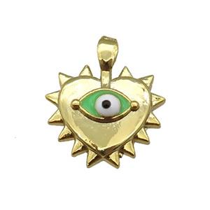 copper Heart pendant with green enamel evil eye, gold plated, approx 13-14mm