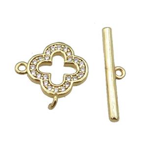 copper Toggle Clasp paved zircon, clover, gold plated, approx 12mm, 20mm