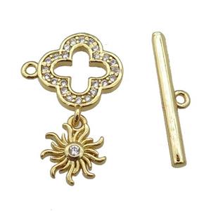 copper Toggle Clasp paved zircon, clover, gold plated, approx 12mm, 20mm, 9mm