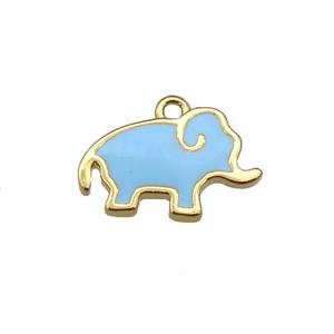 copper elephant pendant with lt.blue enamel, gold plated, approx 10-13mm