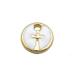 copper cross pendant with white enamel, circle, gold plated, approx 10mm dia