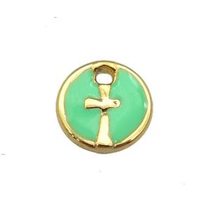 copper cross pendant with green enamel, circle, gold plated, approx 10mm dia