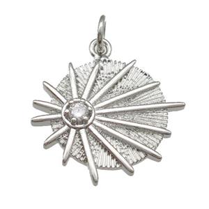 copper circle sunburst pendant paved zircon, platinum plated, approx 17mm